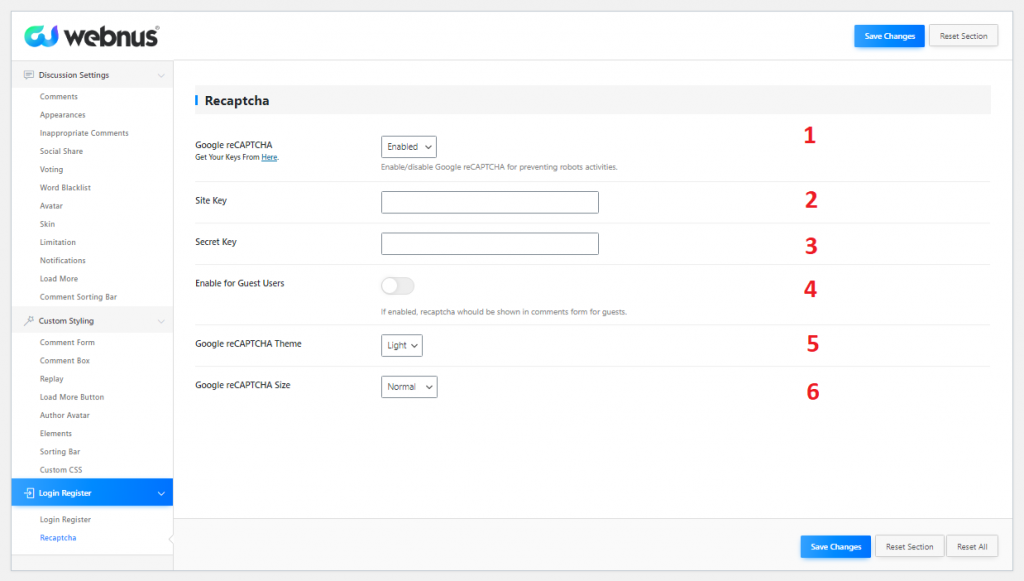 Recaptcha2 - Deeper Comments Settings — Login Register